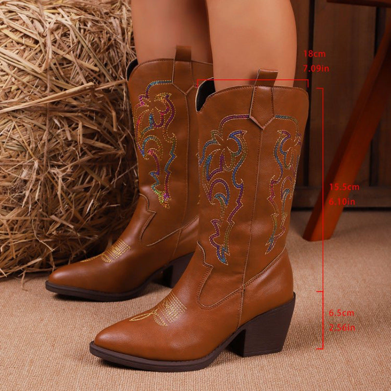 New Autumn Women's Vintage-Style Embroidered Block-Heel Boots with Non-Slip Soles
